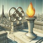 the old olympic rings with the flame in paris
